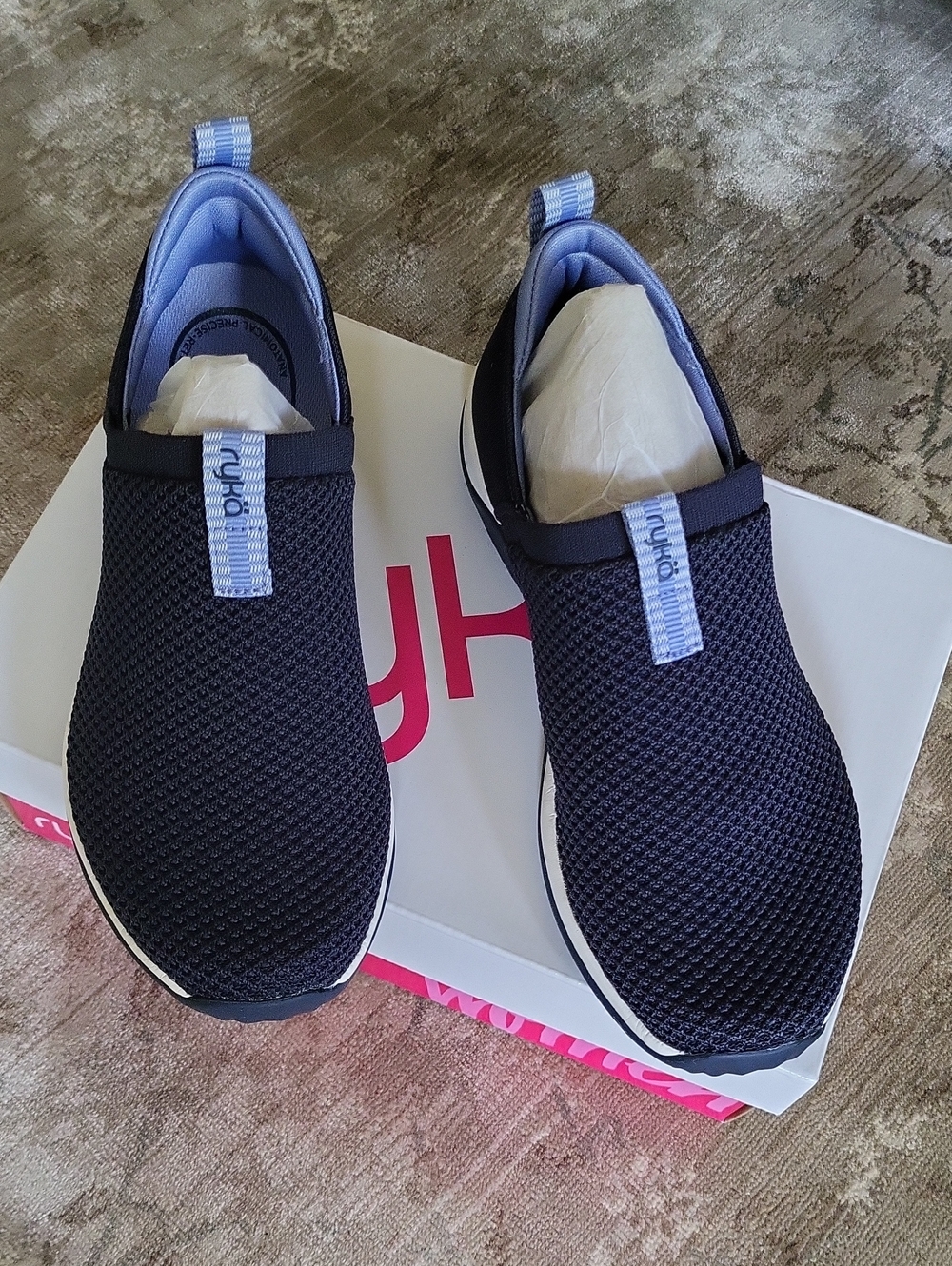 Ryka Womens Slip-On Sneakers — Navy with Light Blue Pull Tabs